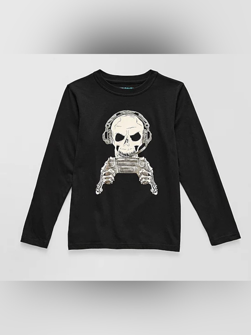 Black Skull Gamer Graphic Long-Sleeve Tee for Kids